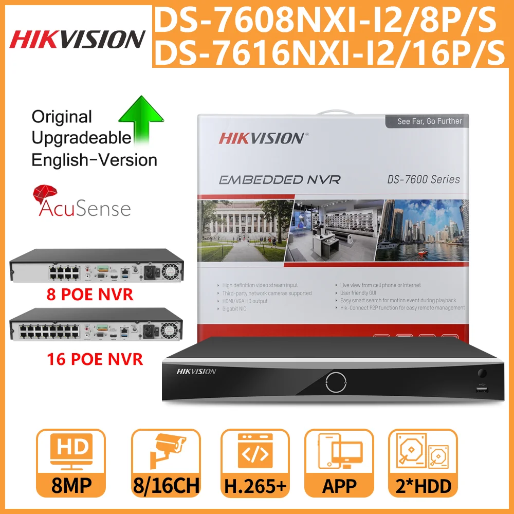

Hikvision 4K NVR DS-7608NXI-I2/8 P/S DS-7616NXI-I2/16 P/S 8CH 16CH POE Port AcuSense распознавание лица, сетевой видеорегистратор