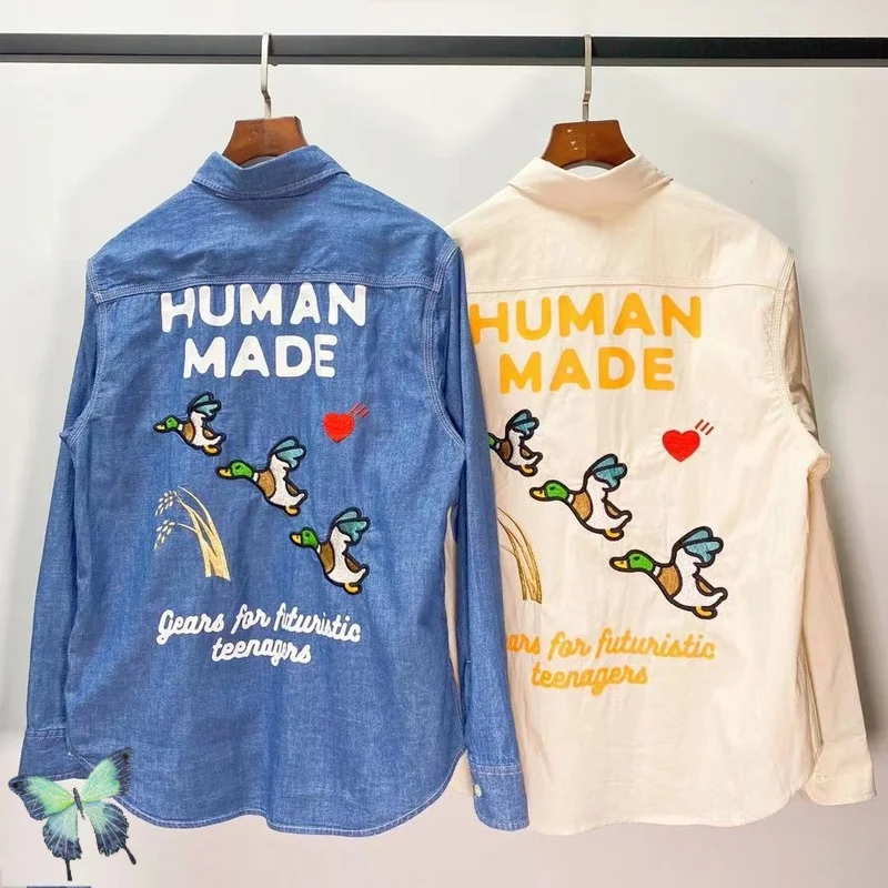 

Human Made Ducks Embroidered Washed Cotton Long Sleeve Shirt Pocket Denim Jean Jacket T-shirt
