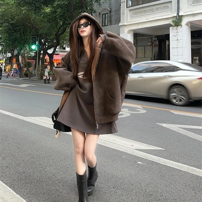 Plus Size Plus size women clothing American vintage Casual Hood Women's Winter High-Grade Chubby Girl Loose Slimming Thickene...