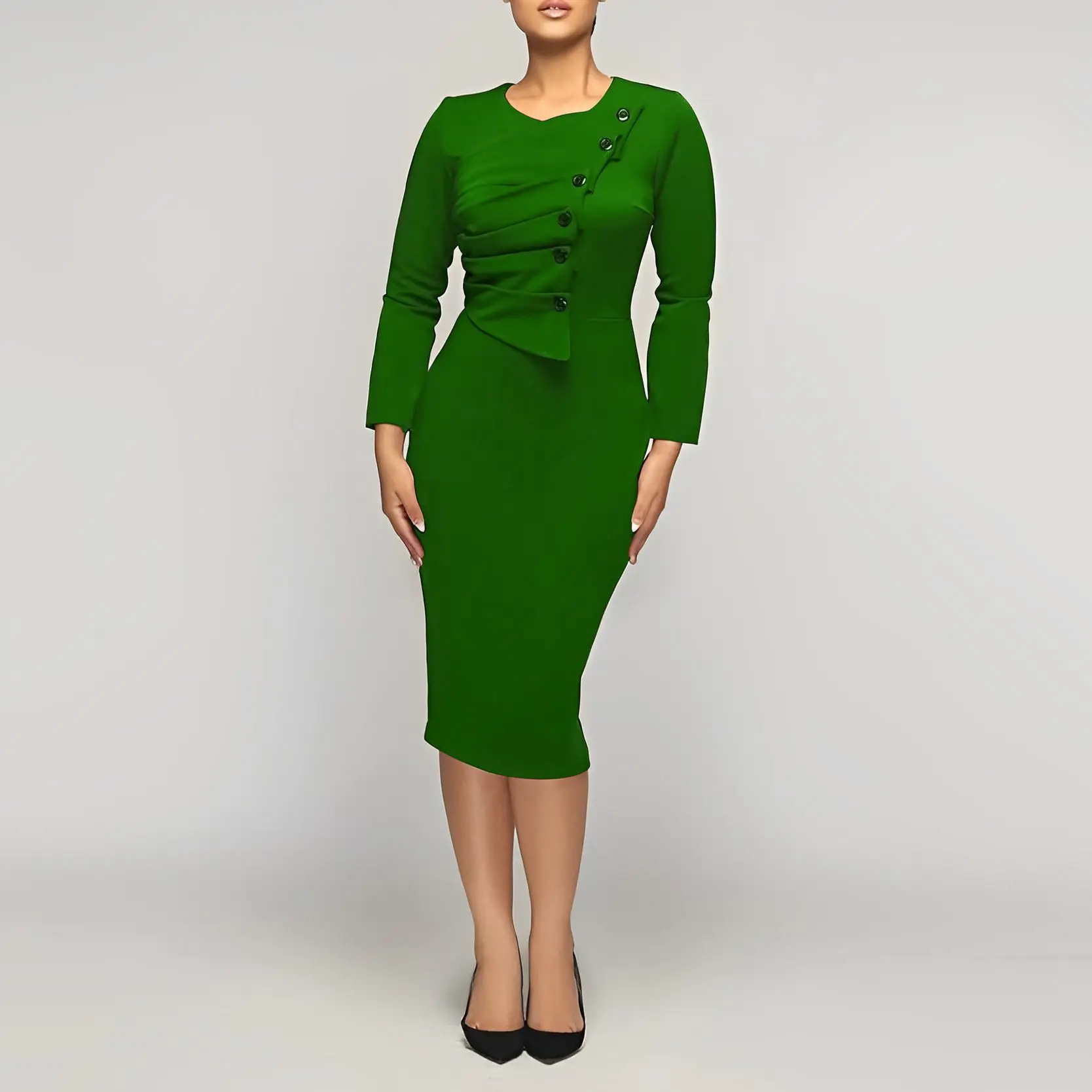 

Office Ladies Formal Dress Autumn O Neck Buttons Long Sleeve Slim Midi Classy Robe Bodycon Elegant High Waist Dresses Vestidos
