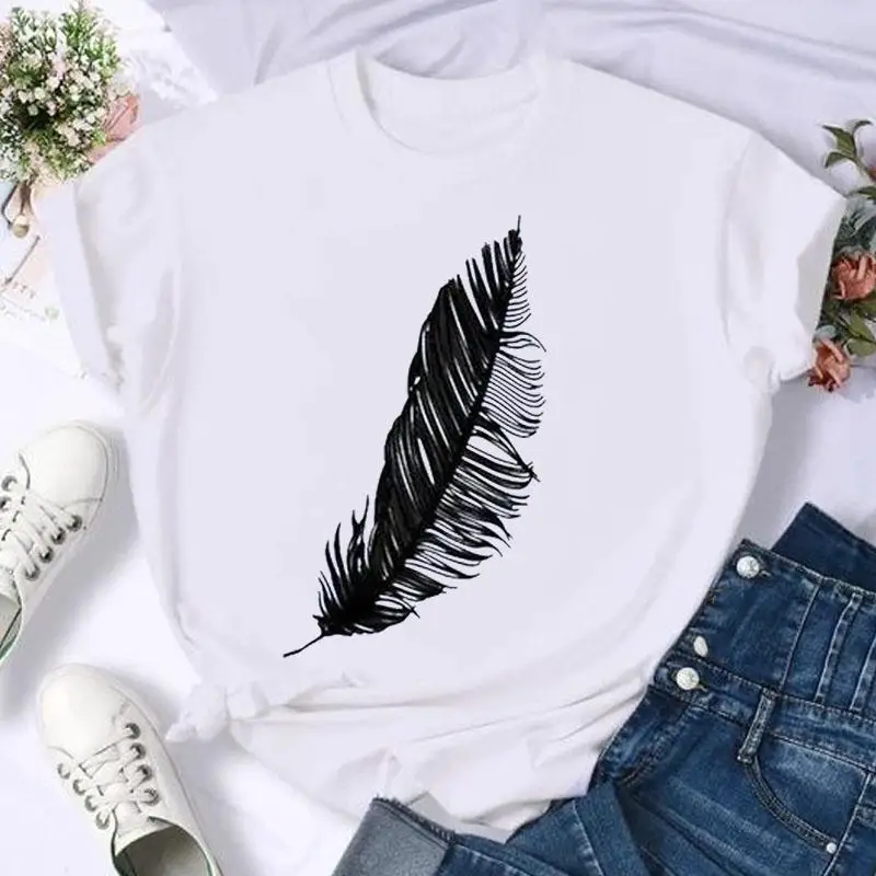 

Short Sleeve Fashion Summer Women Print T Shirt Female Feather Lovely Trend Style Casual Top Tshirts Cartoon Graphic Tee T-Shirt