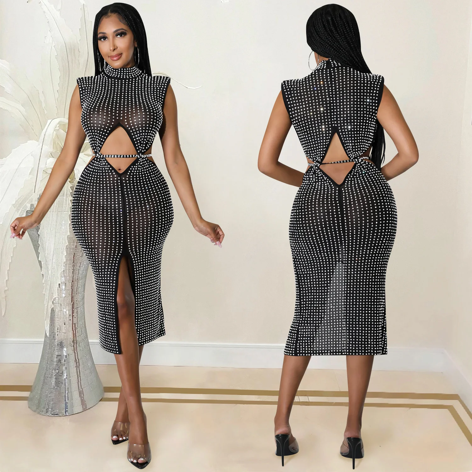 

Fashion Sexy Mesh Perspective Dress Women Hot Drill Hollow Split Club Party Dresses Cut Out Waist Bandage Dress