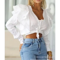 shirt tops for women summer autumn single breasted ruffles slim patchwork shirt women long sleeve v neck short bandage shirts