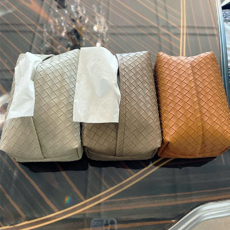 

PU Leather Dustproof Tissue Box Woven Style Table Decoration Fashion Storage Bag For Household Pure Color