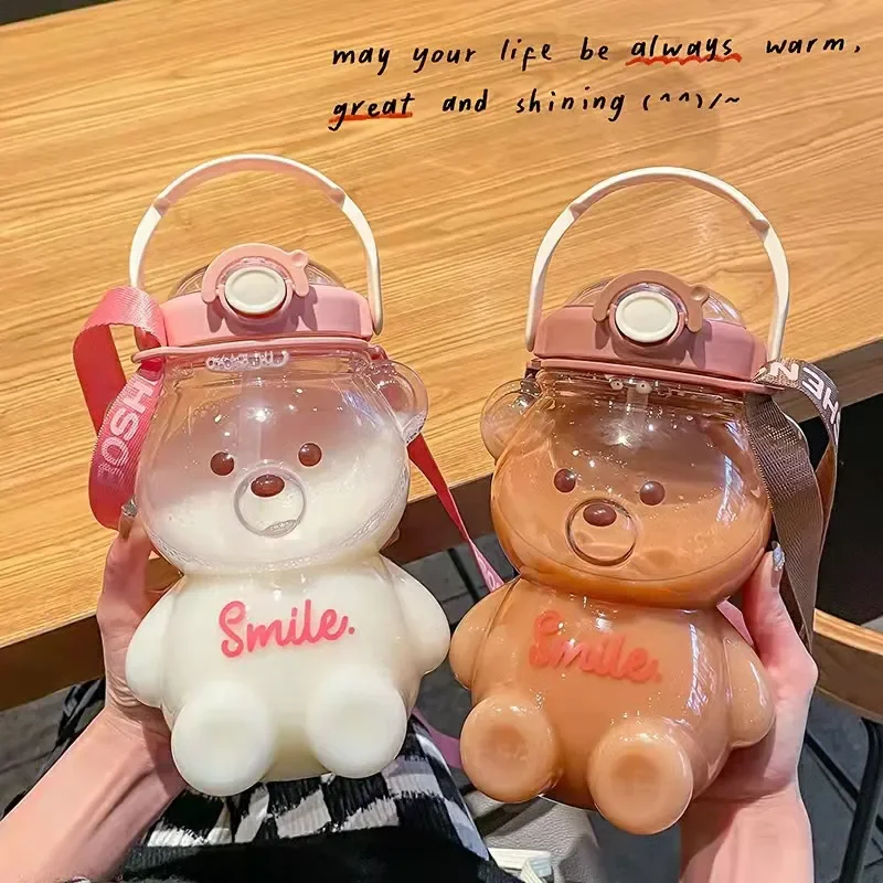 

Kawaii Bear Kettle Portable Straw Strap Water Bottle Large Capacity Water Cup Plastic Drinkware Children Drinkware Gift