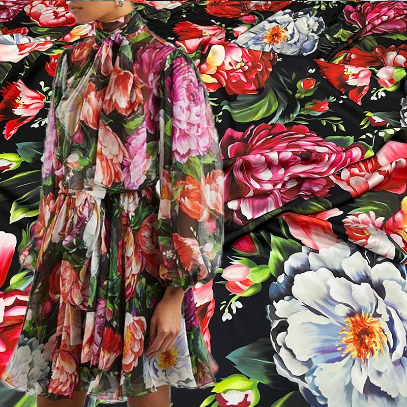 

European And American Big Peony Flower Printed Imitate Silk Satin Fabric For Women Dress Blouse Pants Handmade DIY Clth Sewing