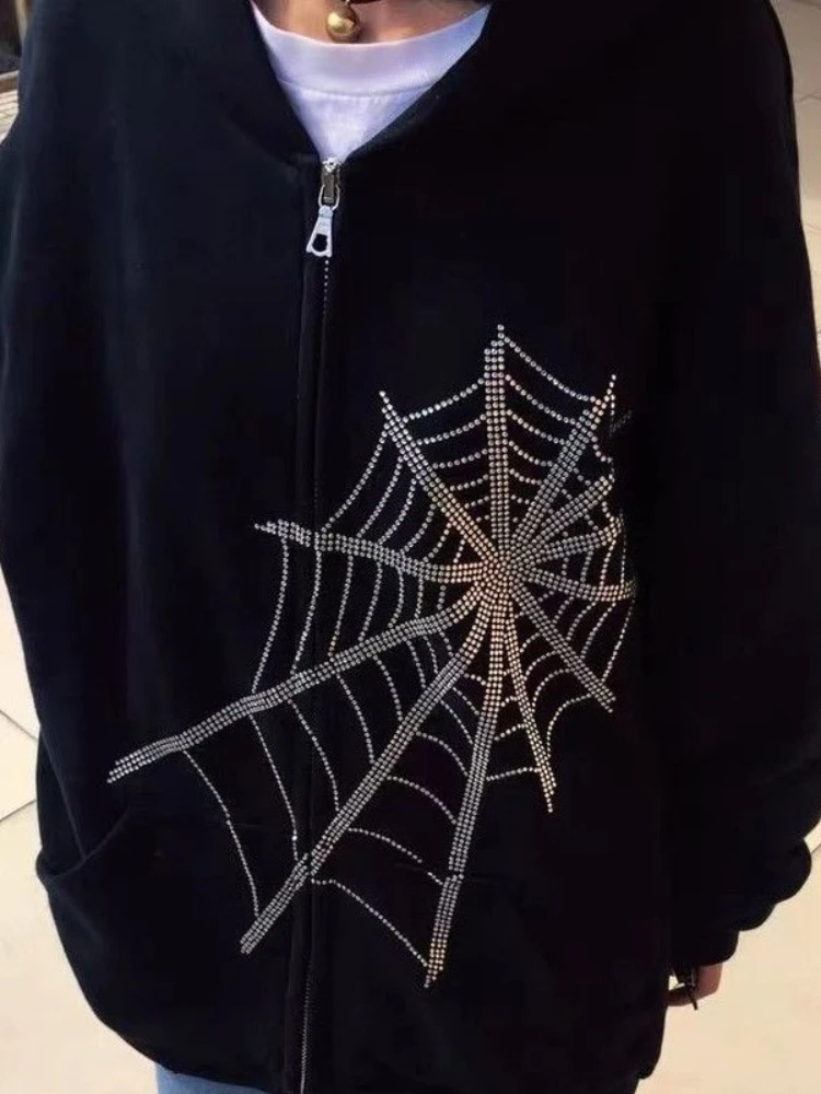 

Black Sweatshirt Men Women's Thickened Spider Web Ironing Drill Zipper Hoodie 2022 Cardigan Loose Jacket Gothic Punk Streetwear