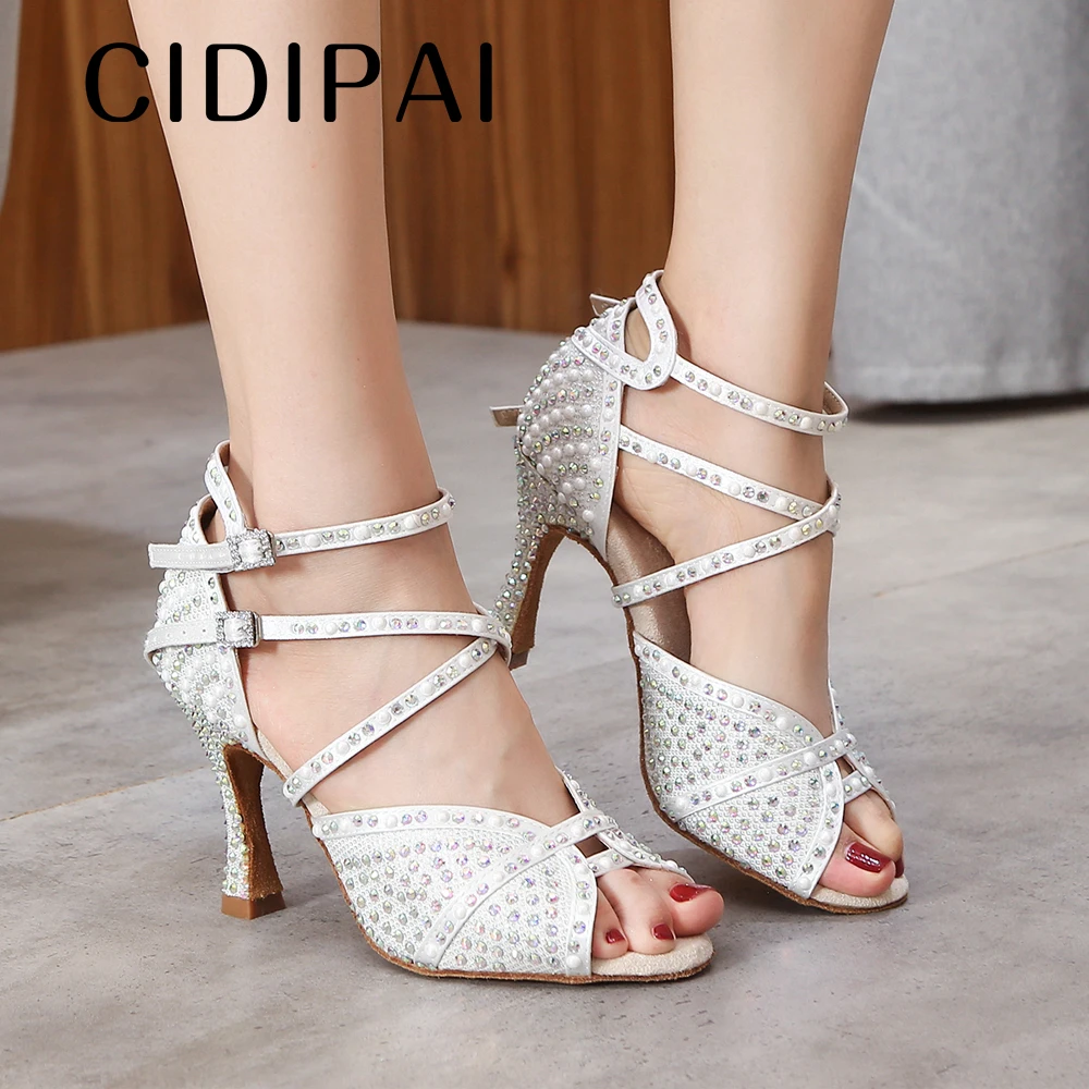 

CIDIPAI Women Party Dance Shoes Satin Rhinestones Soft Bottom Latin Dance Shoes Woman Salsa Dancing Shoes Ladies Wedding Shoes