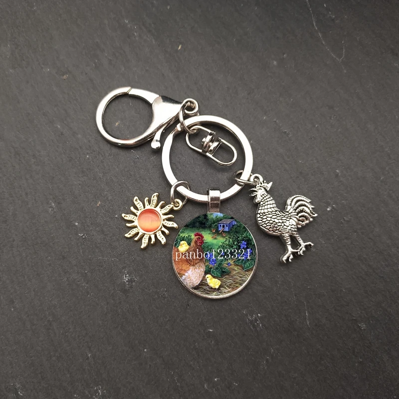 HotFlower Курица Петух Брелок для ключей картина маслом курица стекло кабошон кулон