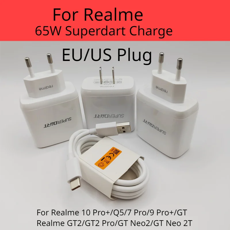 

EU/US Plug Realme 65W SuperDart Charger Power Adapter For Realme 10 Pro Plus GT Neo2T GT2 Pro Q5 9 Pro 8 7 Pro Super Dart Charge