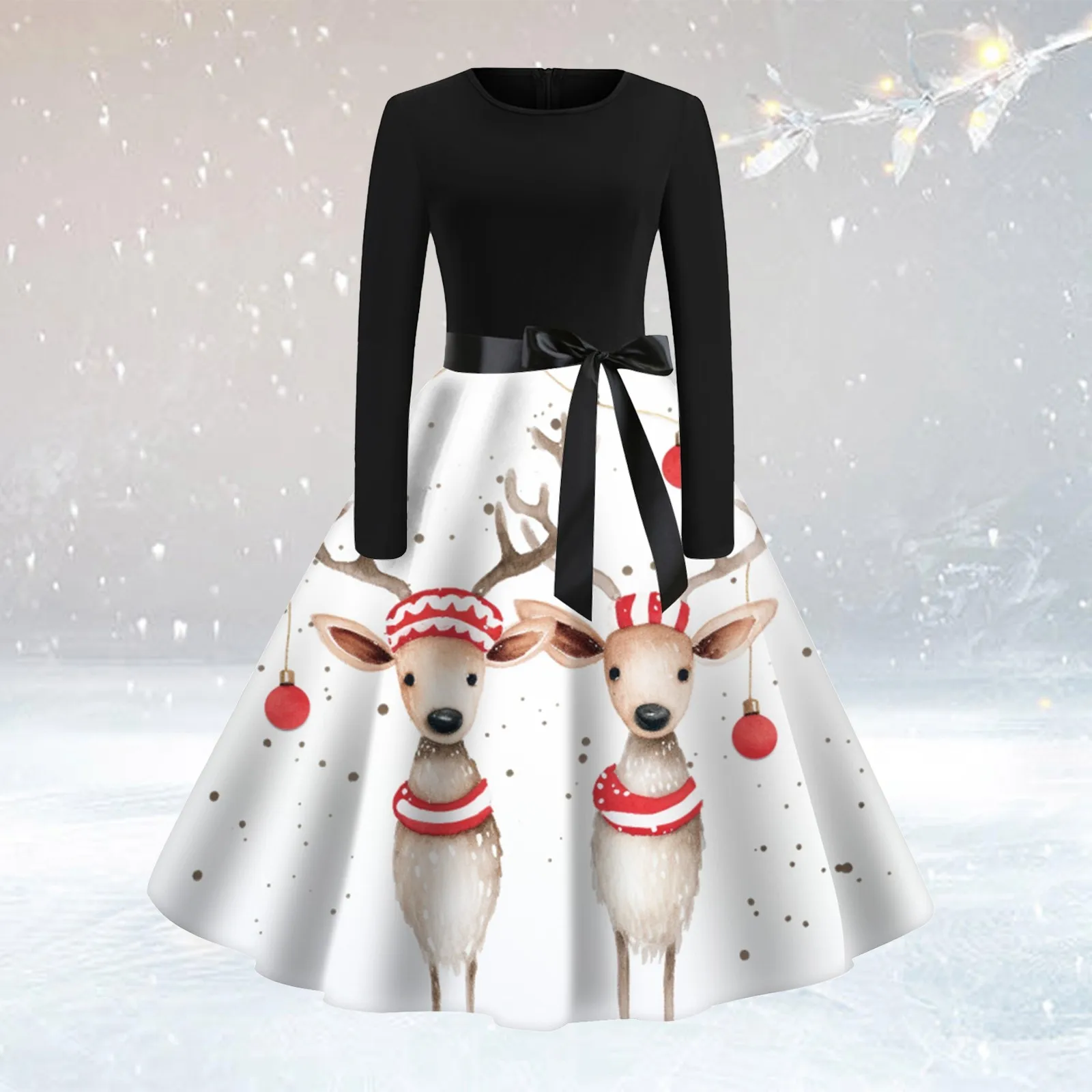 

Christmas Womens Classic Tea Dress O Neck Long Sleeve With Belt Swing Cocktail Party Dress Slim Bodycon Patchwork