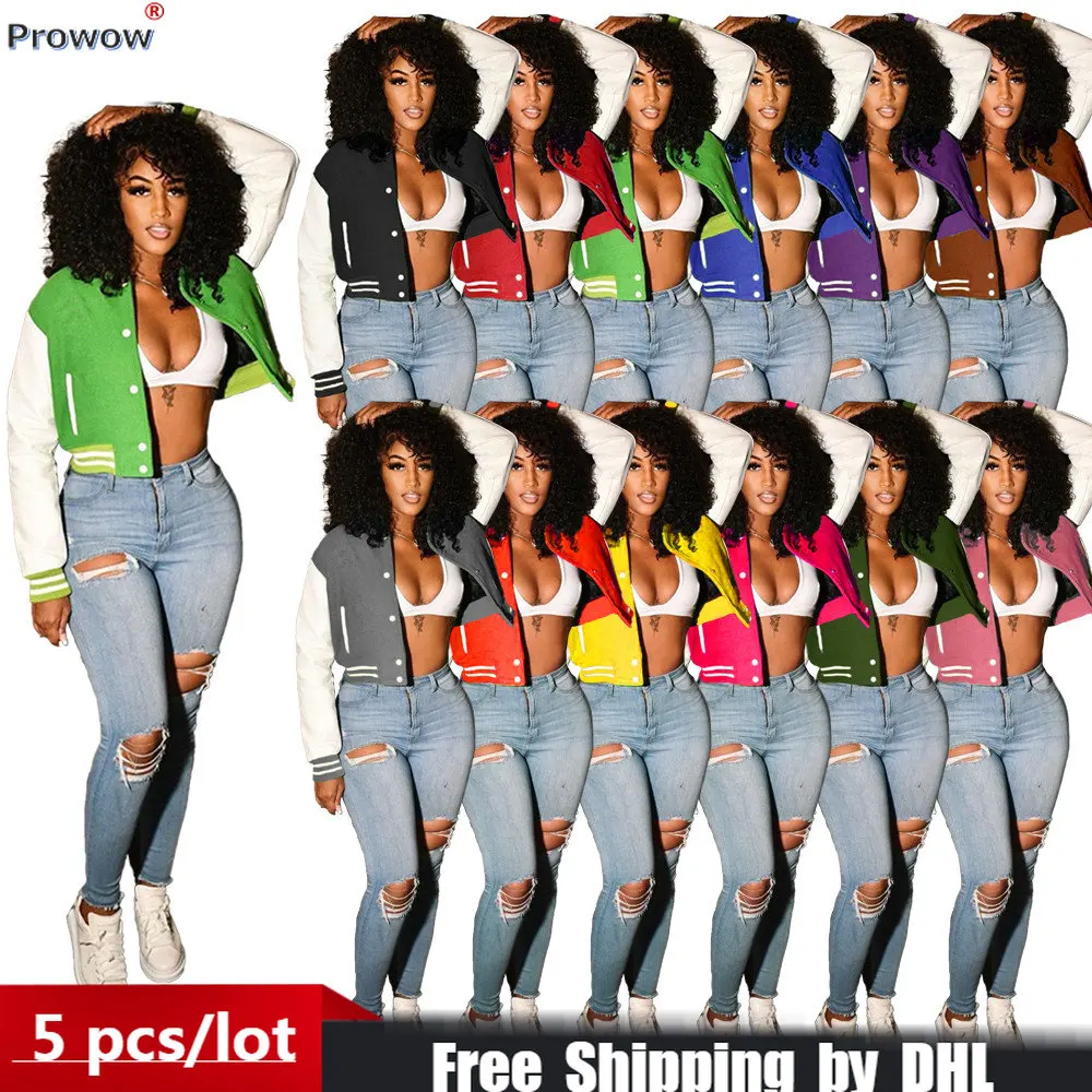 

Bulk Items Wholesale Baseball Jackets Women Crop Tops Casual High Waist Short Coat Patchwork Long Sleeve Lady Outer Clothes 8643