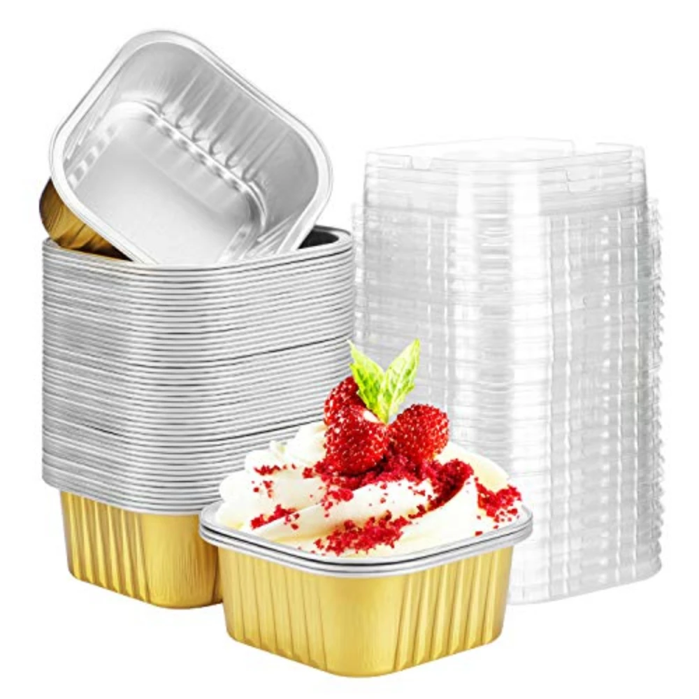 50PCS 300ml Disposable Square Aluminum Foil Baking Cake Cup Food Pudding Cup With Lid Fruit Pie Takeaway Container Baking Pan