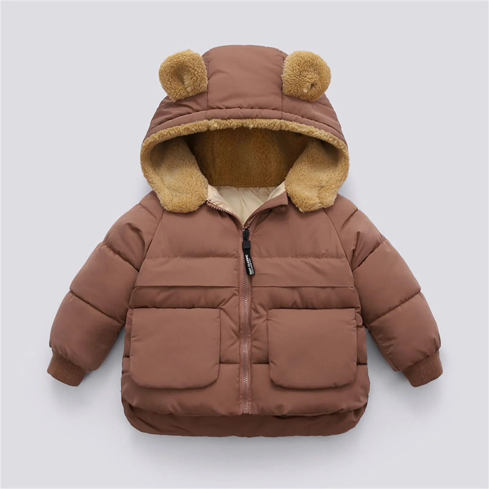 

Пальто-кабина для маленьких мальчиков и девочек, зимние теплые однотонные пальто с медвежьими ушками, флисовая куртка с капюшоном, верхняя одежда, куртка для мальчиков-подростков