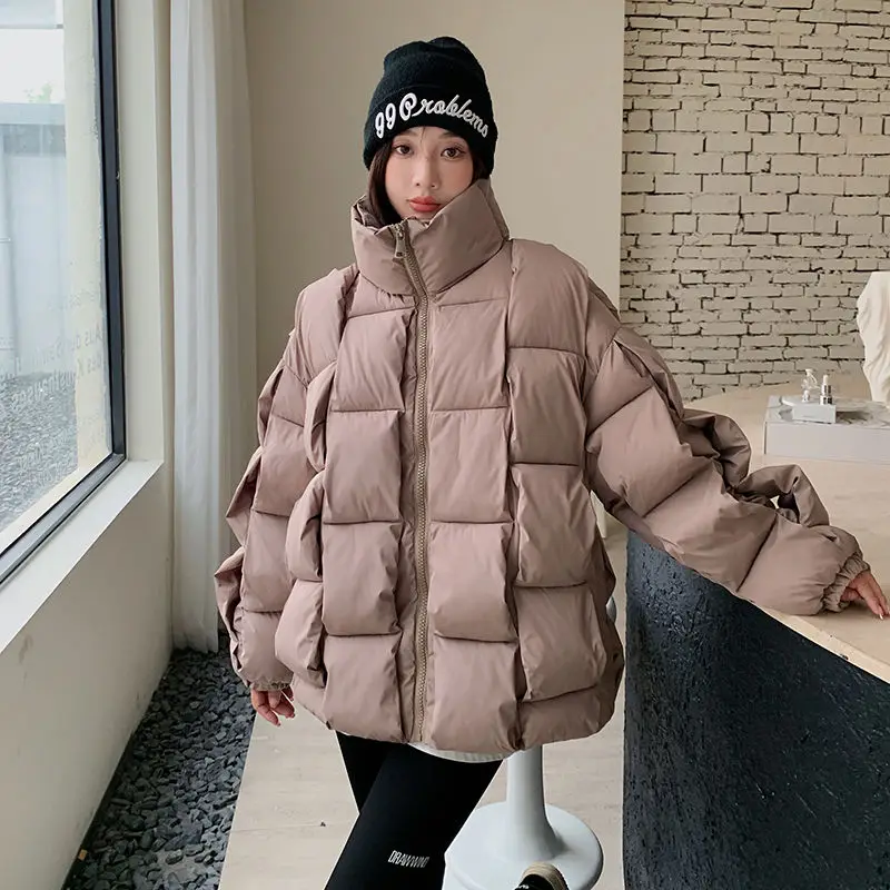 Winter Oversize Cotton Padded Coats Women Korean Loose Soild Thick Warm Zippers Weave Parkas Jacket Casual Street Outwear Ladies