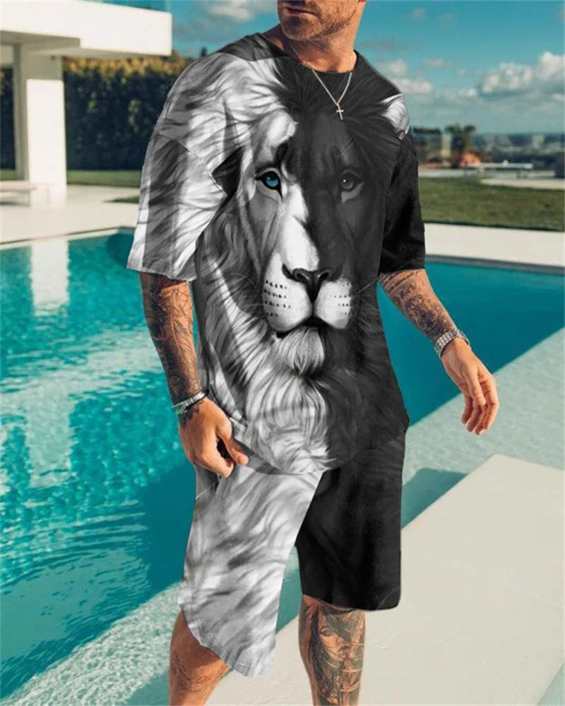 Men's 2-Piece Sportswear Black and White Lion 3D Printed T-Shirt Suit Street Casual Clothing For Man Oversized Men's T-Shirt Set