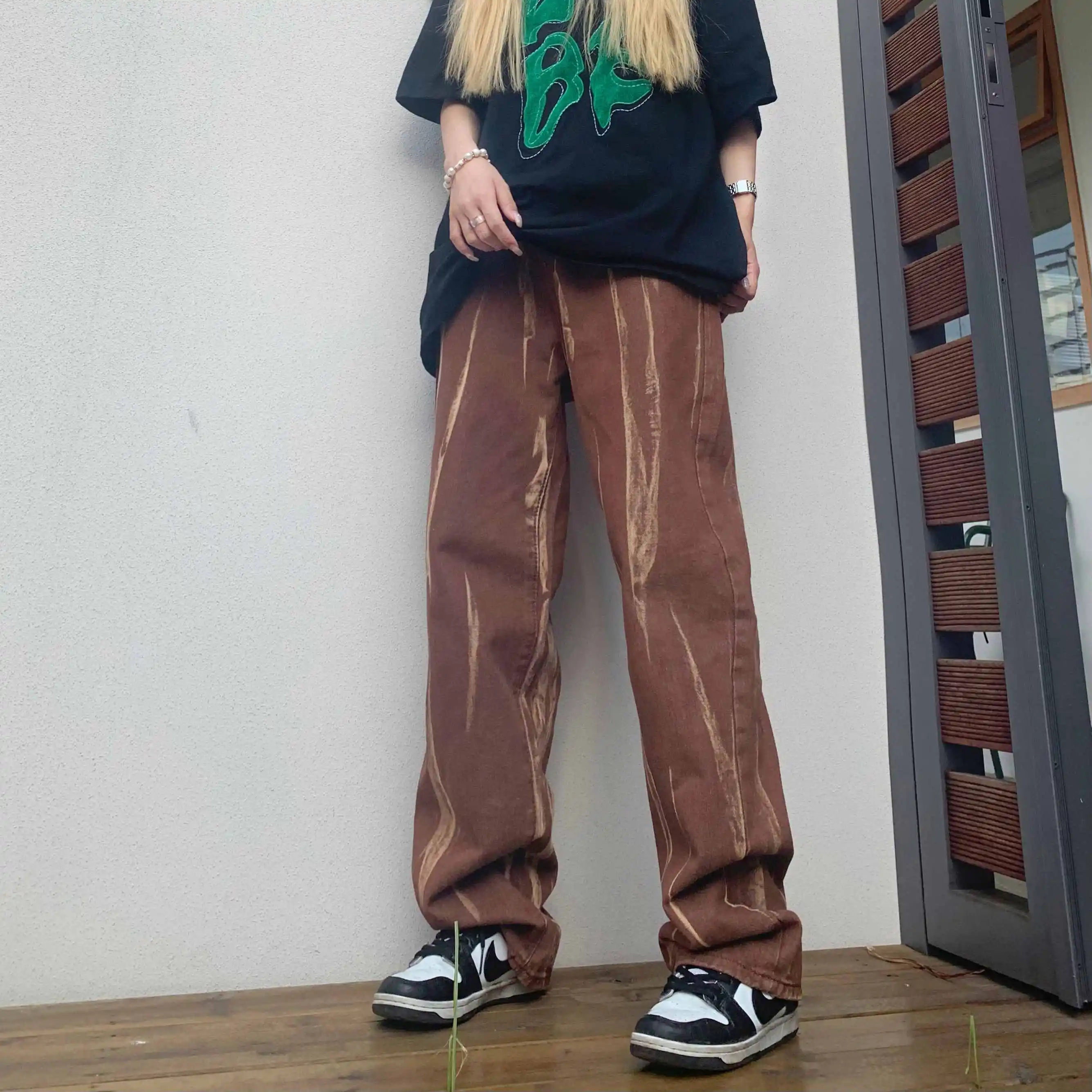 

Brown Retro Washed Jeans Hot Girl High Waist Long Pants Women's Autumn Straight Mopping Trousers Ins Trend