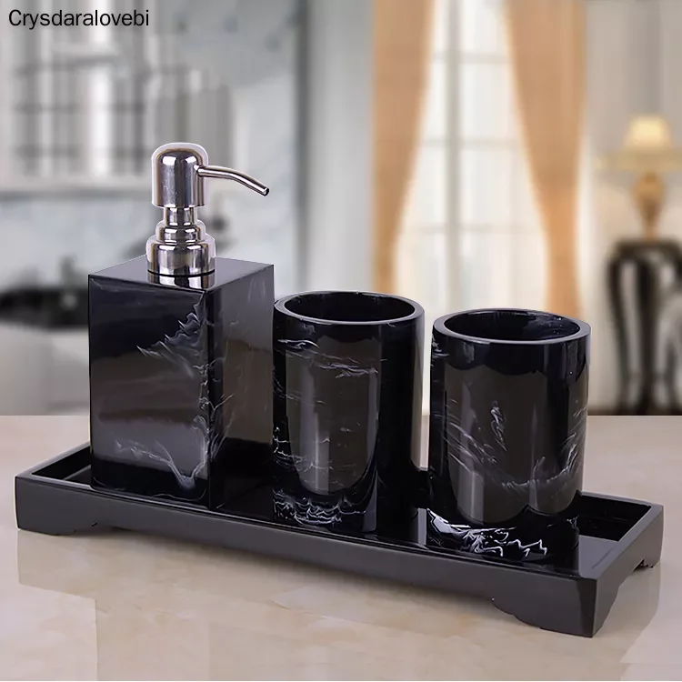 

Black Marble Pattern Tray Resin Bathroom Set Toothbrush Holder Soap Dispenser Soap Dish Men's Bathroom Accessories Set Home