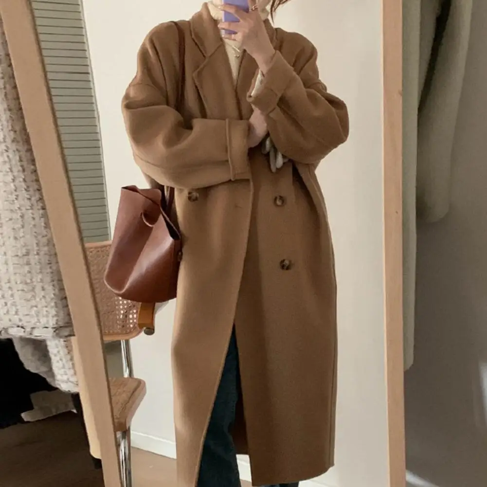 

Women Winter Woolen Coat Thickened Double-breasted Long Style Solid Color Long Sleeve Loose Lapel Notch Collar Pockets Trench Co