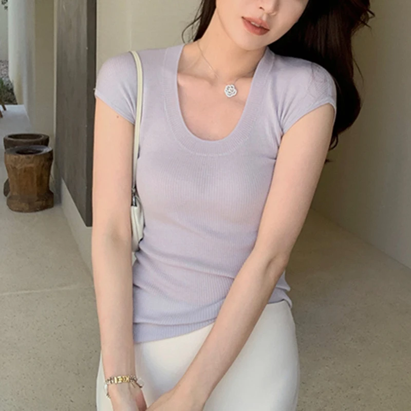 

Korean Fashion Tee Shirt Femme 2023 Summer Sexy Slim O Neck T Shirt Women Short Sleeve Tshirts Female Pink Basic Knitted Tops