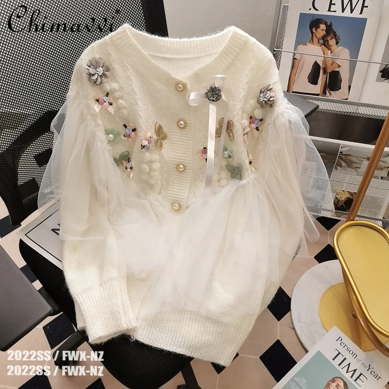 

Sweet Sweater Women's 2022 Spring Clothes New Fashion Loose Three-Dimensional Flower Patchwork Ruffled Gauze Knitting Cardigan