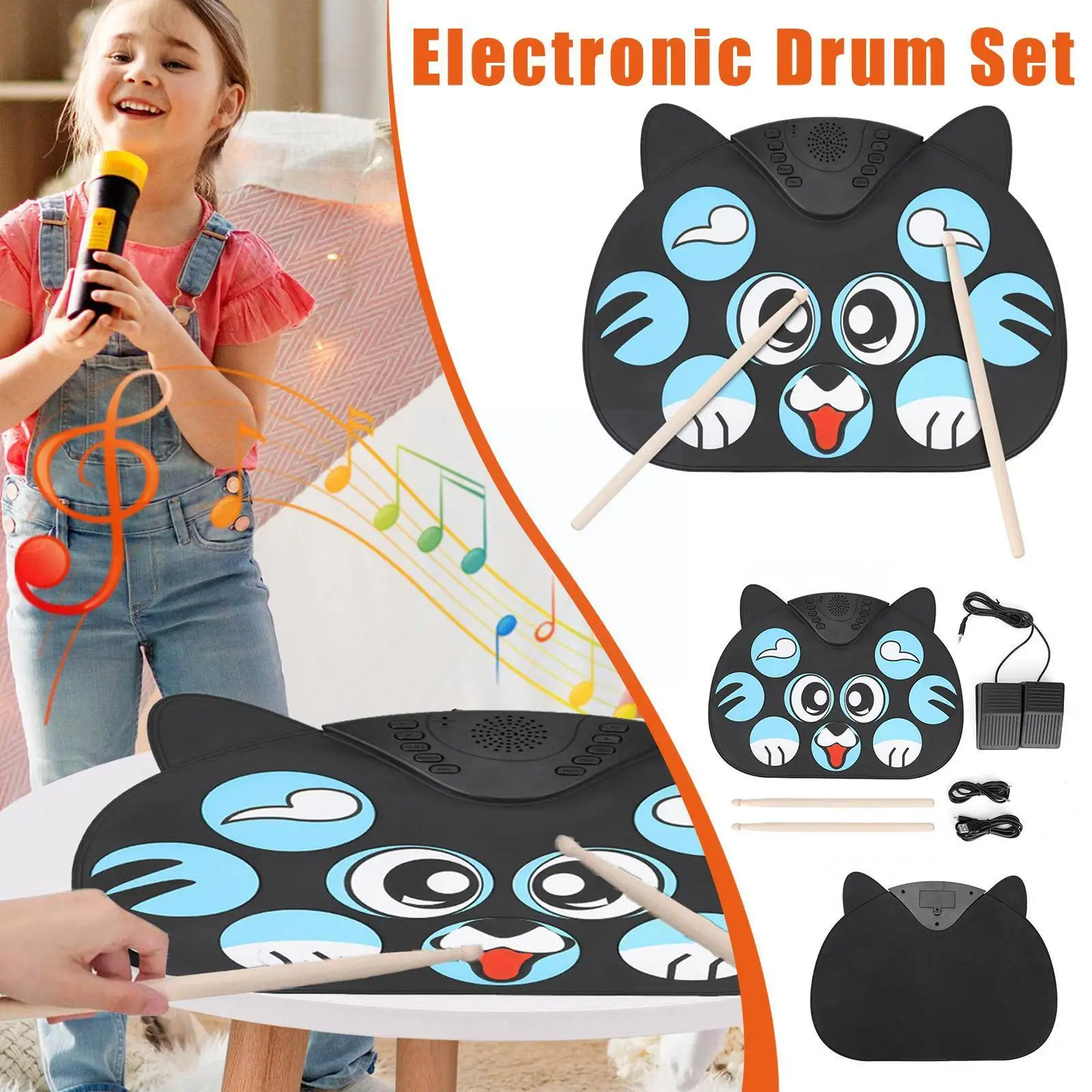

Portable Kids Electronic Drum Kit 9 Silicone Drum Pads USB/Battery Foot Foldable Percussion With Drum Sticks Drum Kit K1C6