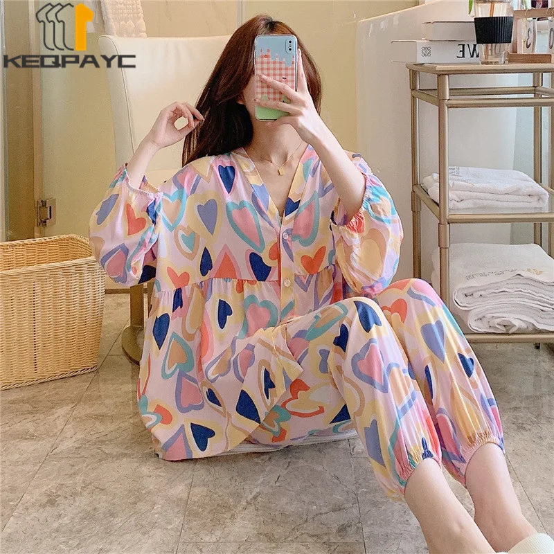 Women's Pajamas New 2023 Spring Autumn Long Sleeve V-neck Thin Cardigan Sleepwear Women Fashion Print Nightwear Clothing Sets