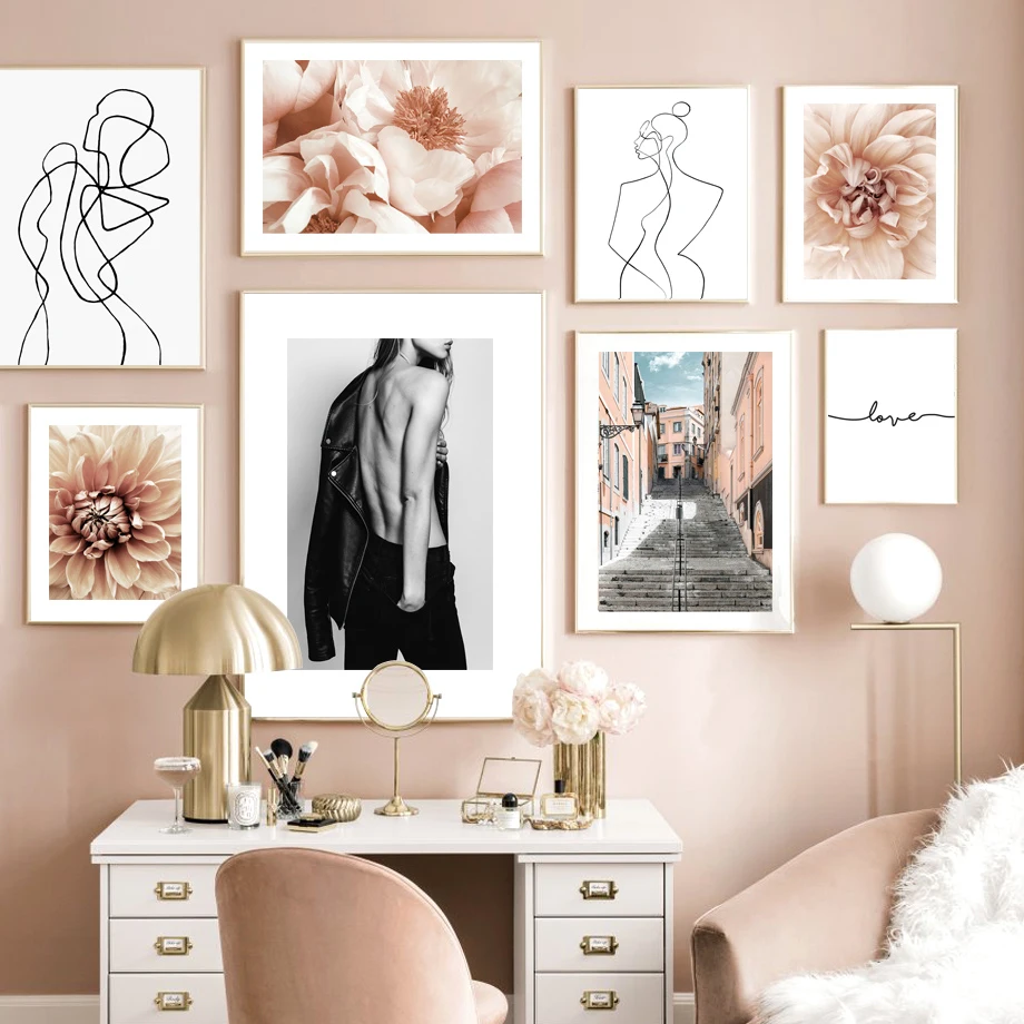 

Wall Art Canvas Painting Peony Flower Sexy Woman Street Line Figures Nordic Posters And Prints Pictures For Living Room Decor