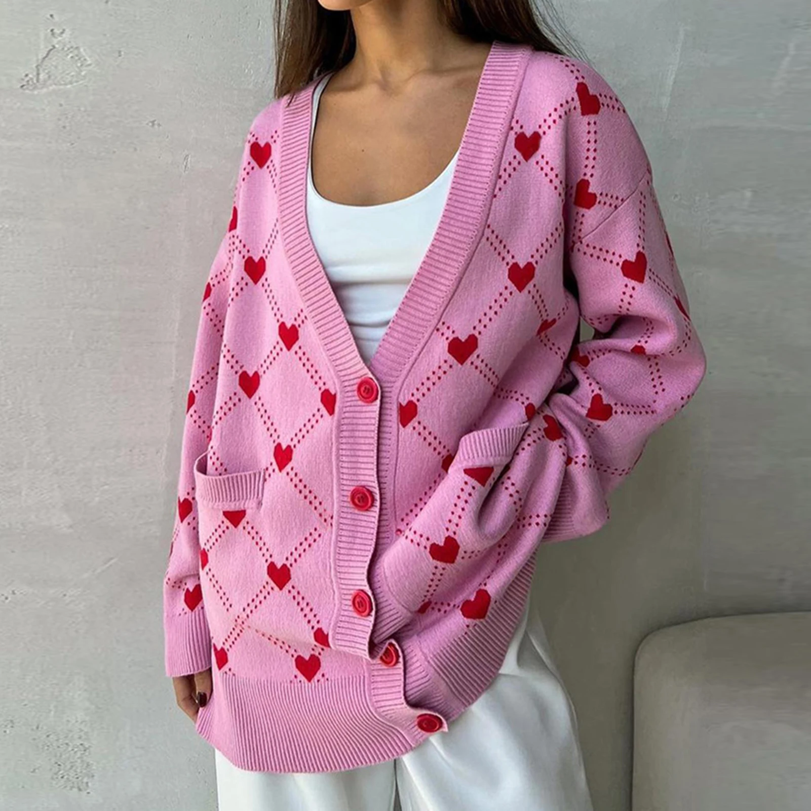 

Women Open Front Sweater Long Sleeve Cardigan Top Loose Fit Heart Jacquard Pullover Casual Single Breasted V Neck Daily Outfit