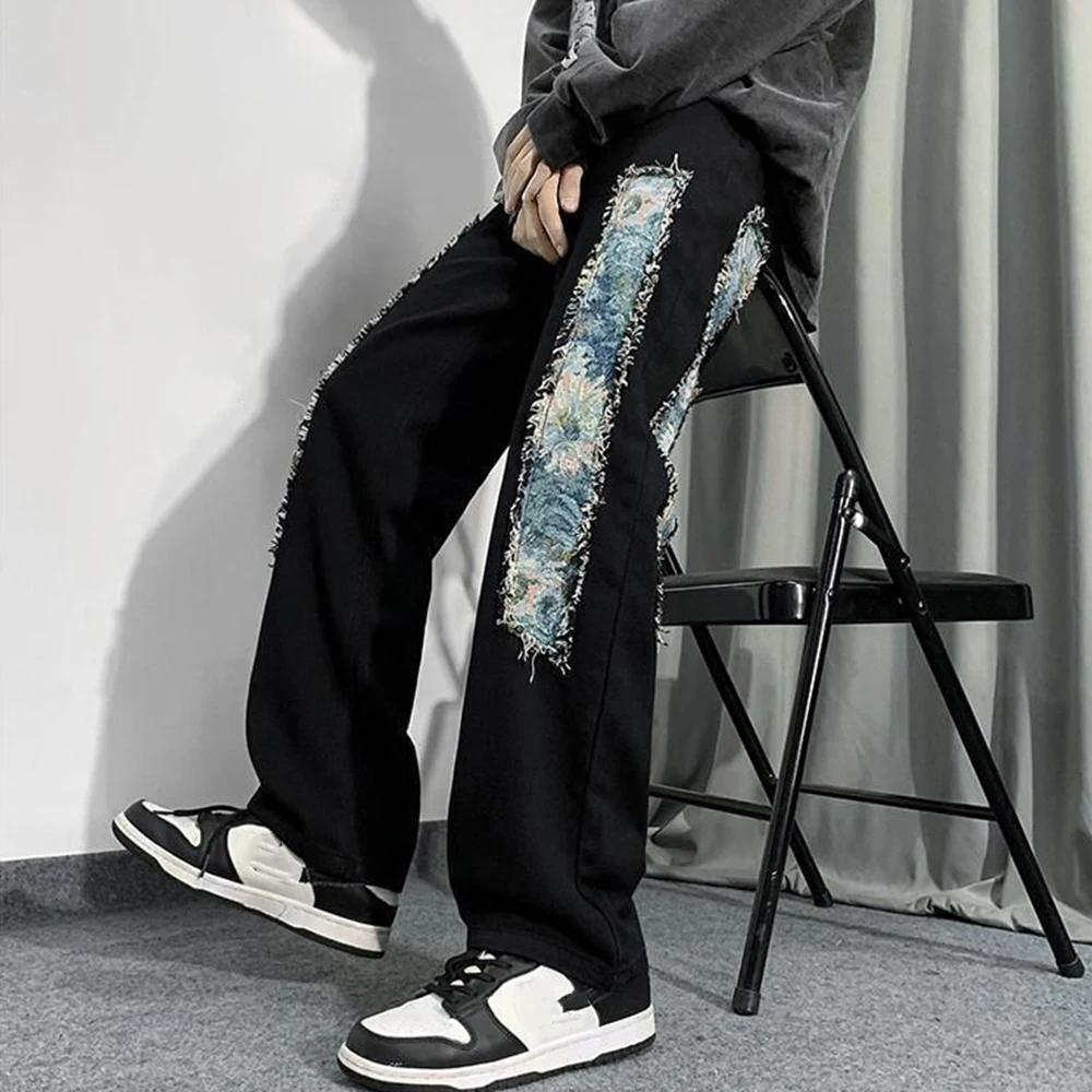 European and American High Street Vibe Jeans Mens New High-quality Patch Stitching Denim Trousers Y2k Niche Loose Straight Pants