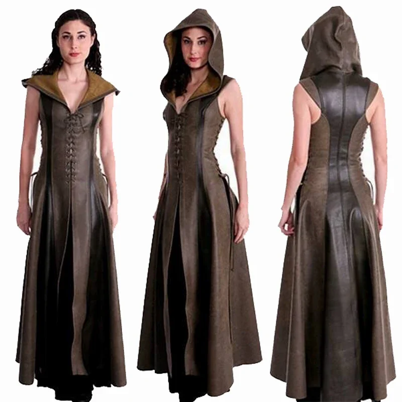 

Women Sexy Lace Up Leather Hooded Medieval Dress Adult Cosplay Clothes Medieval Halloween Costumes