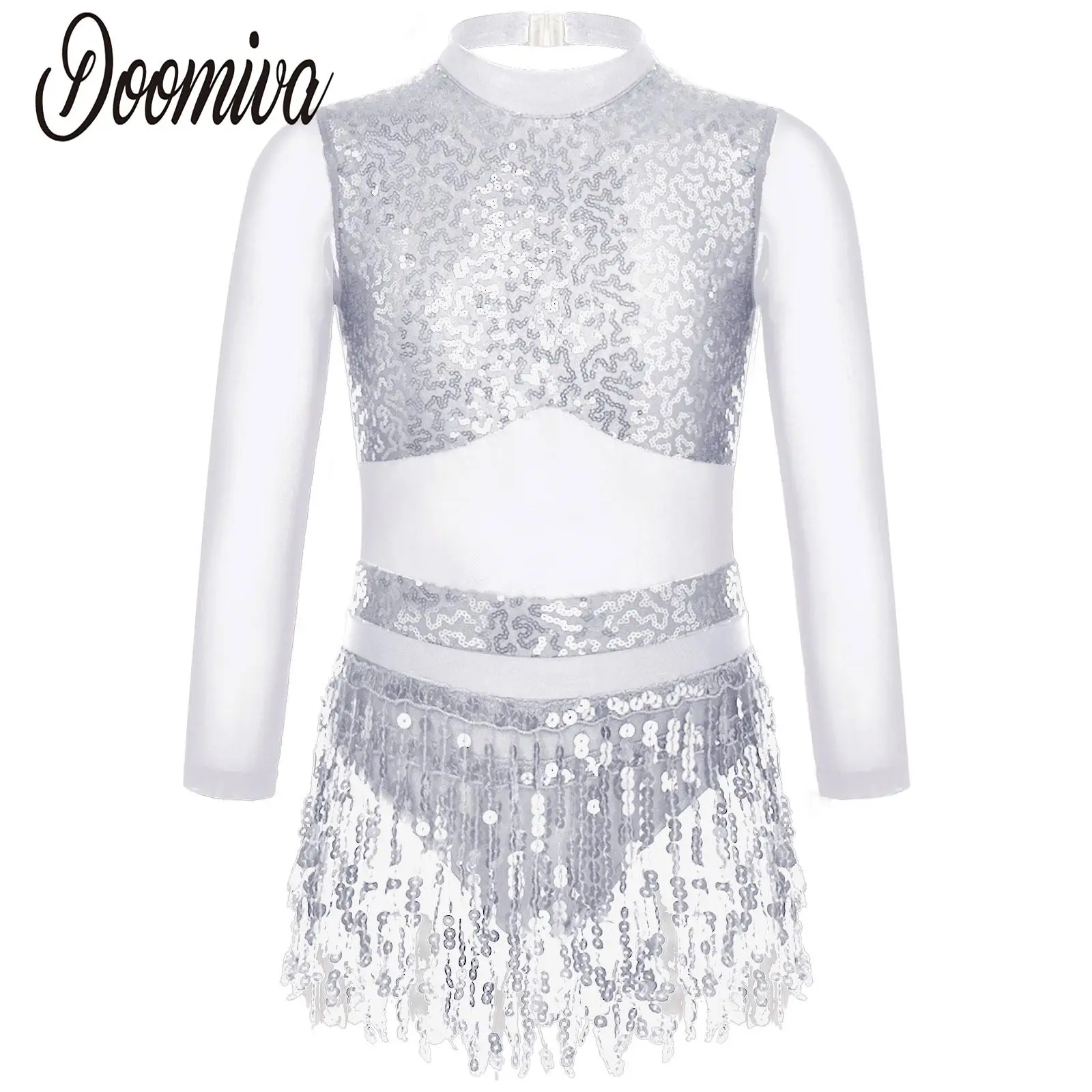 

Kids Girls Sequins Ballet Tutu Dress Mesh Long Sleeve Jazz Latin Dancewear Cutout Back Patchwork Shiny Tassel Performance Dress