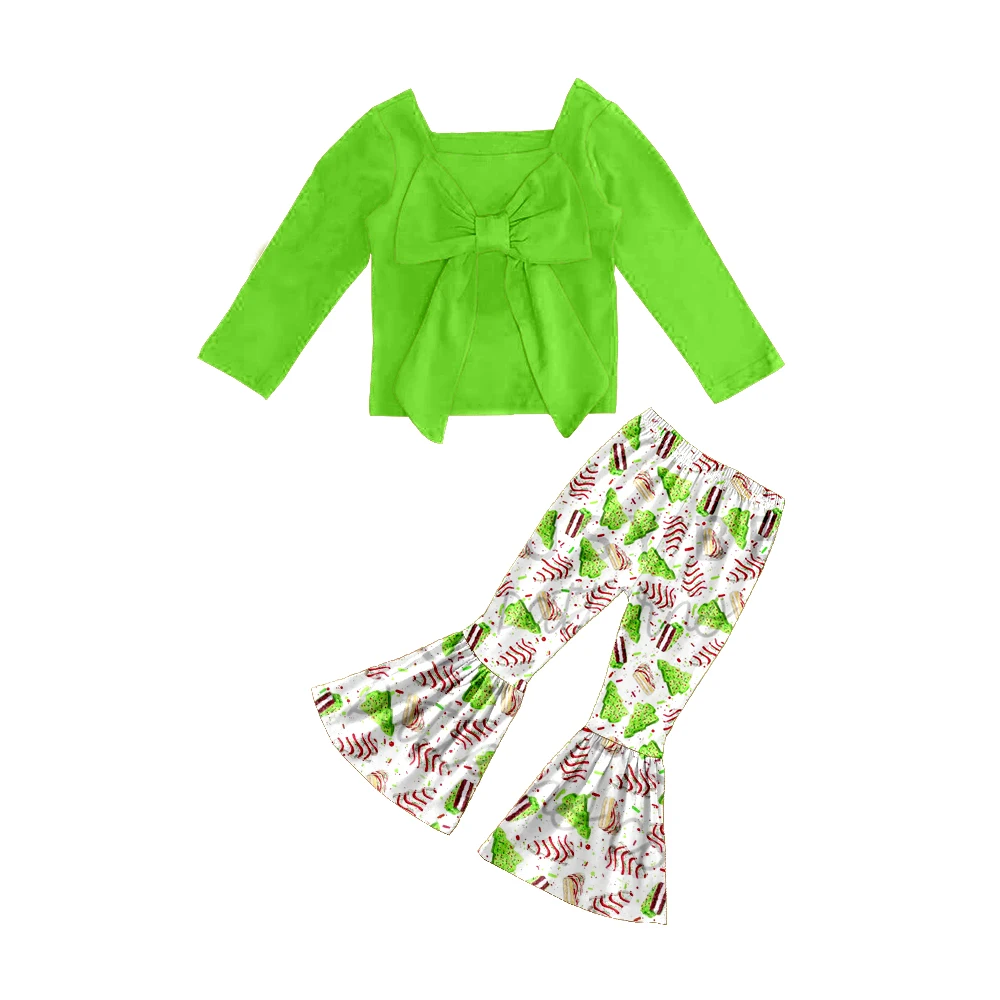 

New Kids Clothes Girls Children's Christmas Clothing Solid Color Long-Sleeved Bow top Cartoon Green Bread Tree Flared Pants