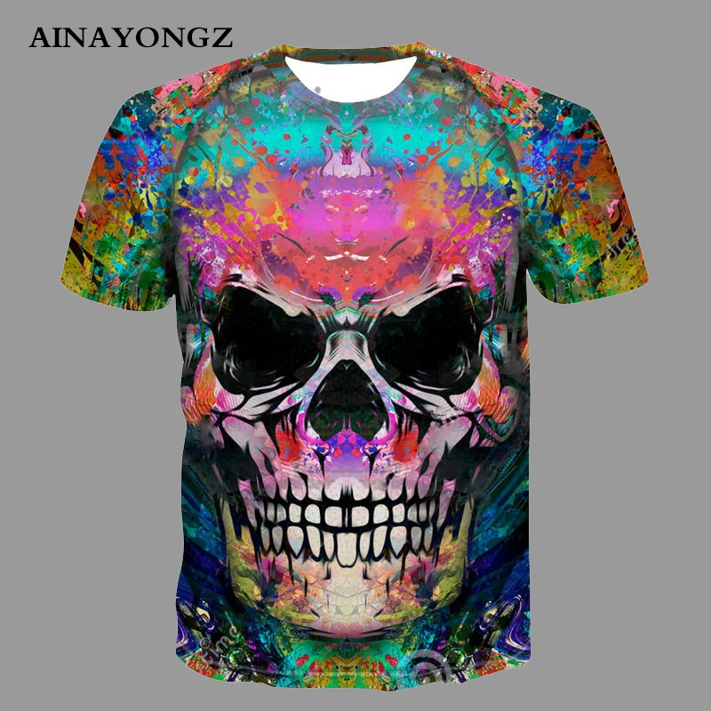 Color Ink Graffiti Skulls Graphic T Shirts Men Summer Cool Punk Blouse Tops O-neck T-shirt Boys Modish Streetwear Size XS-4XL