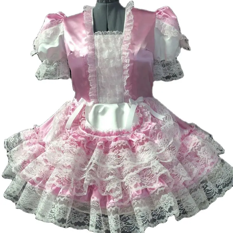 

Соблазнительное розовое атласное платье-фартук для взрослых с настраиваемым кружевом