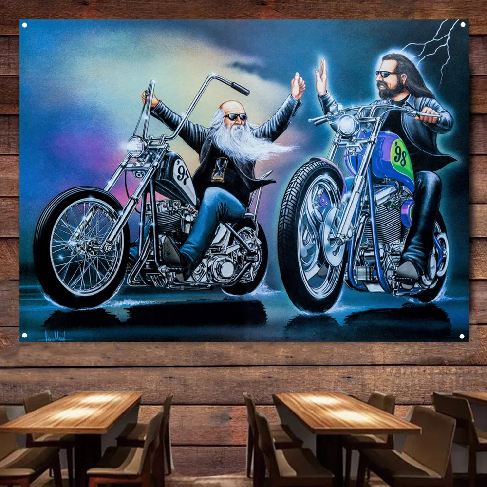 

Easy Rider Motorcycle Flag Banner Mural Retro Wall Decor Poster Car Painting For Garage Man Cave Bar Club Pub Gift for Cyclists