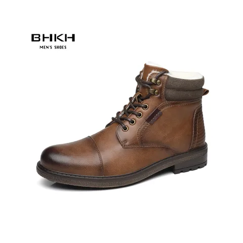 Зимние мужские ботинки BHKH 2024, меховые теплые ботильоны, нескользящая зимняя обувь на молнии, на шнуровке, мужская обувь