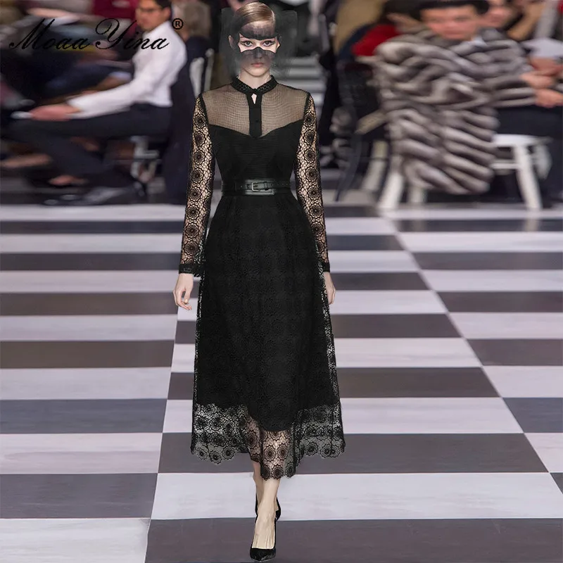 

Dresses For Women 2023 Runway Luxury Designer High Quality Elegant Spring Autumn O-Neck Long Sleeve Hollow Out Lace Office dress