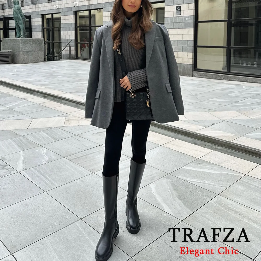 TRAFZA элегантный серый офисный блейзер женский однотонный пиджак с лацканами и