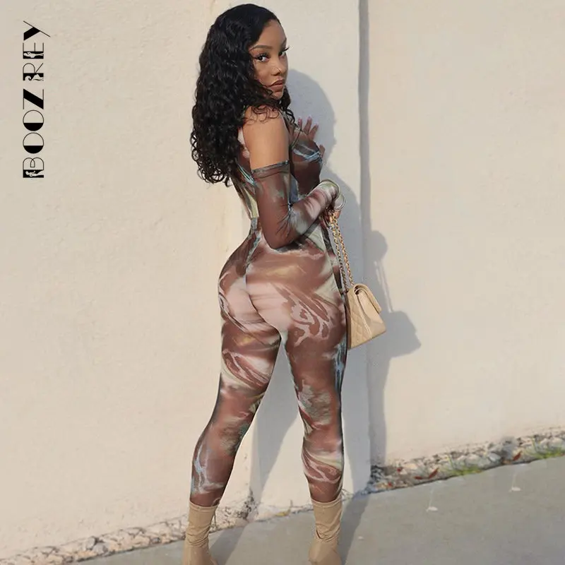 BoozRey Print Hollow-backless Lace-up Long Sleeve Jumpsuit Women Rompers Tie Dye Sexy Shoulder Off Overall Tight Sport Outfit