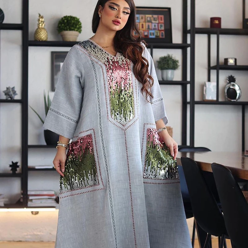 2022 New Hot Dress Muslim Female Pearl Sequins Embroidered Champion Abadenneslan Costume Мусульманскаяодежда عباءات Ab053