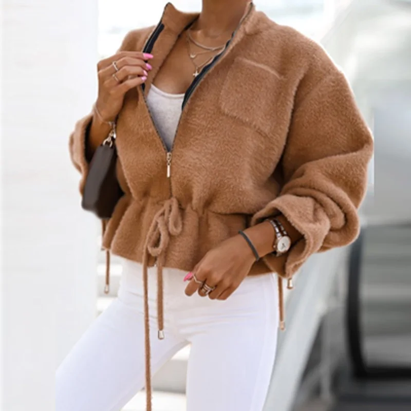 Women Autumn Winter Solid Long Sleeve Zipper Cardigan Tops Female Drawstring Ruffle Jackets Outwear Fashion Woolen Fuzzy Coat