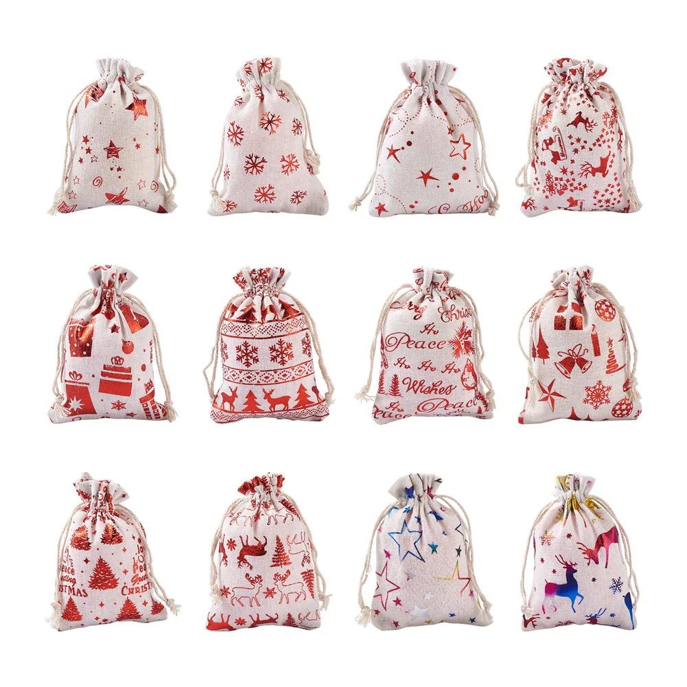 24Pcs/set Christmas Theme Cotton Fabric Cloth Bag Drawstring Bags For Party Snack Gift Ornaments Diy Jewelry Storage 14x10cm