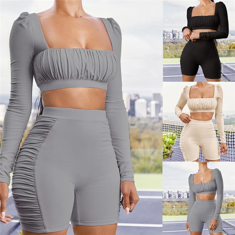 

Sexy Women Fashion 2 Pieces Set Square Neck Long Sleeve Bodycon T-shirt Crop Tops High Waist Biker Shorts Pants Fashion Summer