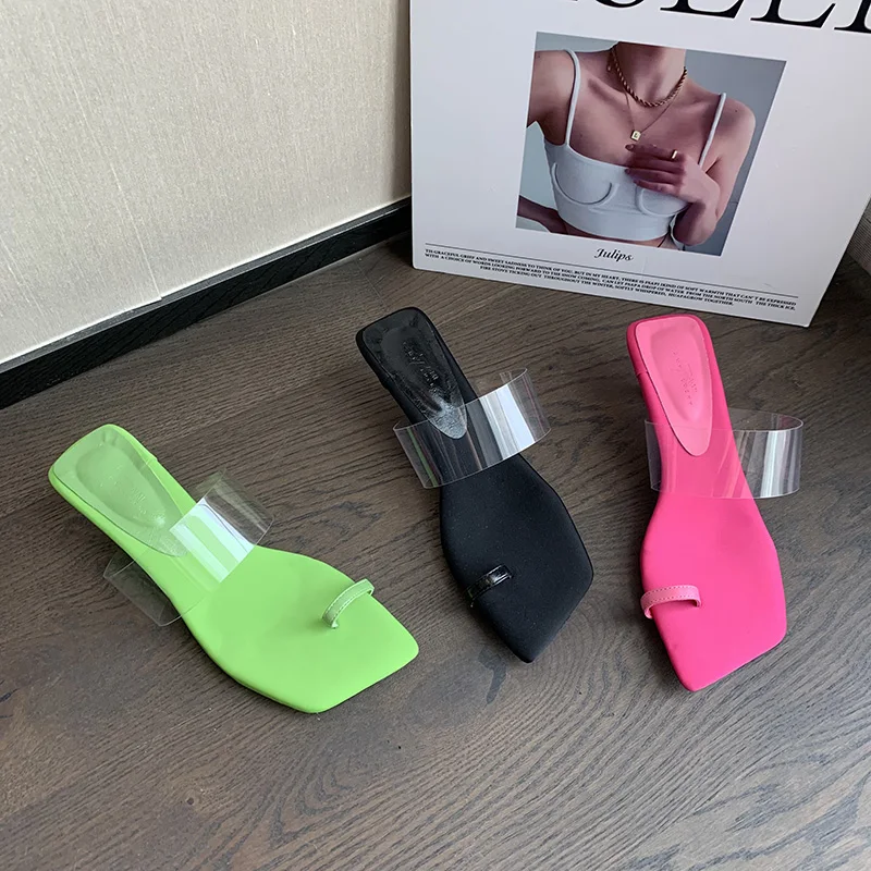 

Clip Toe Women Slippers Summer Casual Slides Mules Shoes Transparent Dress Shoes Green/Black/Pink Thin Mid Heels Pumps Shoes