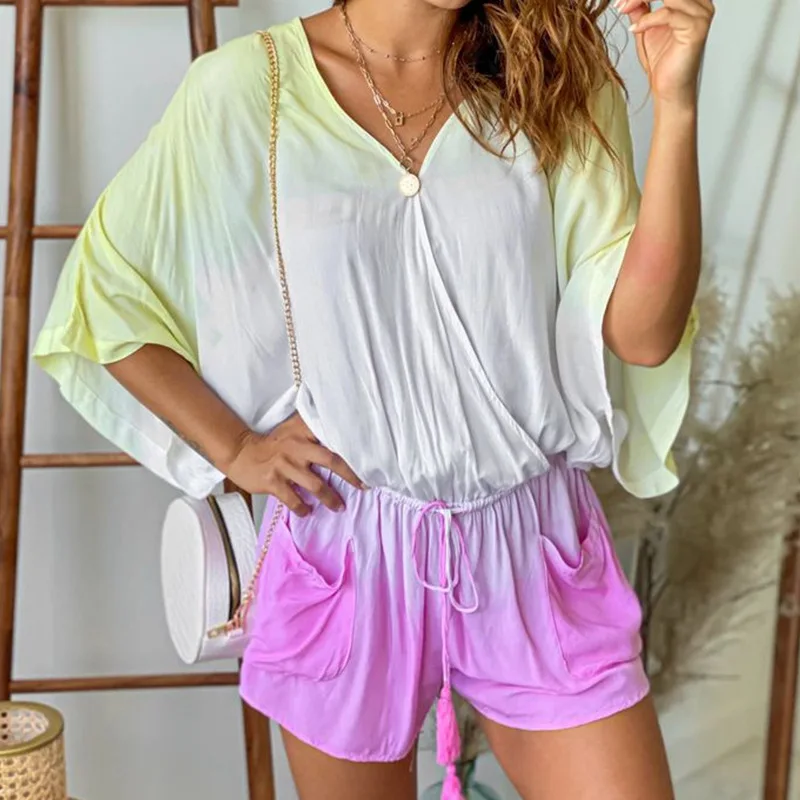

2023 New Women Playsuit Gradient Color Batwing Sleeve V-neck Drawstring Pockets Loose Straight Playsuits Summer Outfit Female