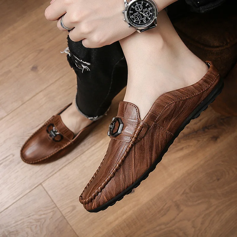 

Men's Shoes Classic Designer Leather Slippers Men's One Stirrup Lazy Bean Shoes No Heel Loafers