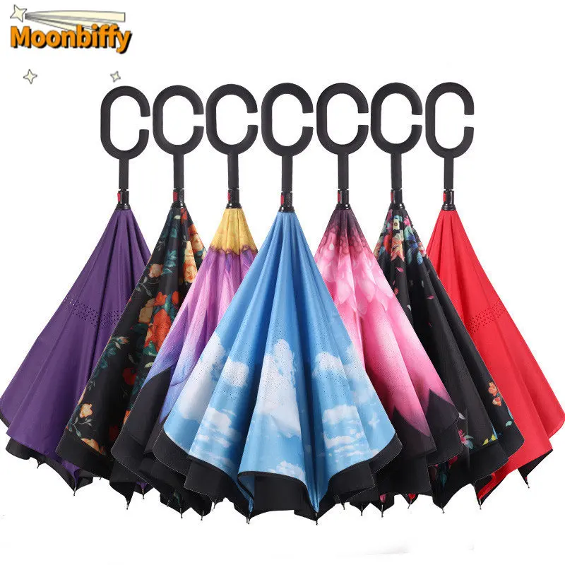 

Colorful Windproof Reverse Folding Umbrella Man Women Sun Rain Car Inverted Umbrellas Double Layer Anti UV Self Stand Parapluie
