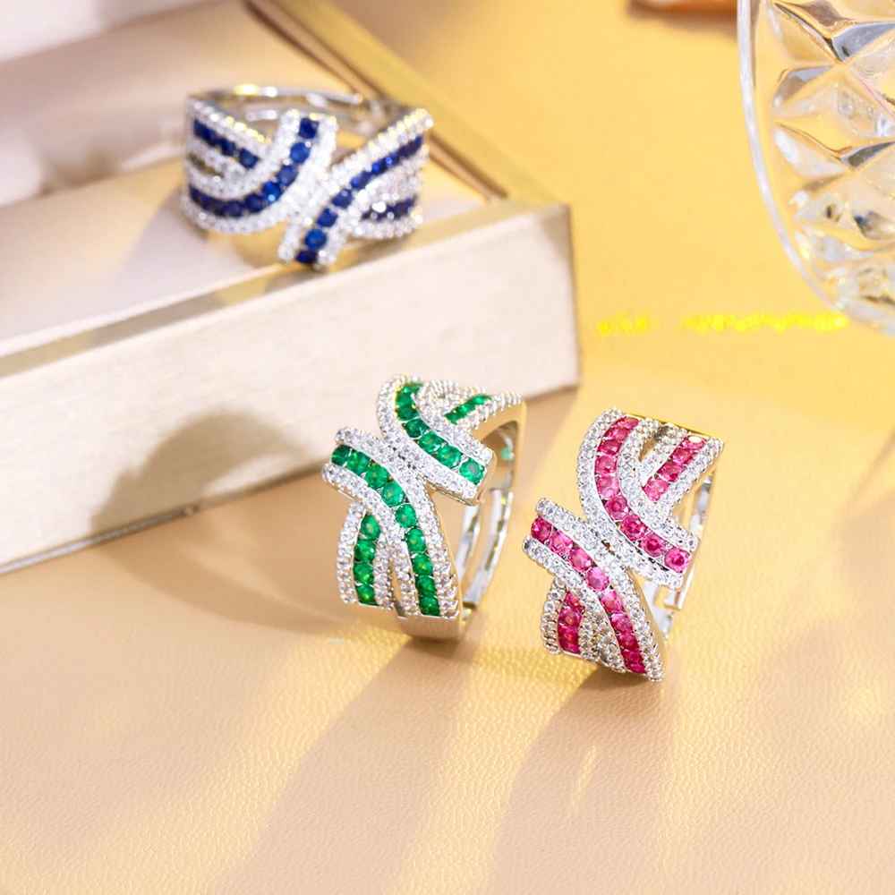 BeaQueen блестящие зеленые розовые красные CZ регулируемый размер открытые ленточные кольца Роскошные Большие широкие Пальцы Ювелирные изделия для женщин на выпускной яркость R146