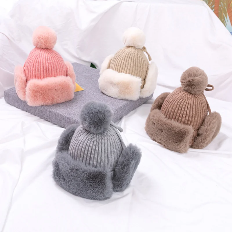 

4pcs New Baby Boys Girls Hat Children Ear Flap Muff Winter Warm Plush Cotton Cap Outdoor Warm Knitted Beanie Gifts Hat